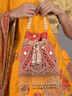 Rajwada Red Beads and Mirror Embroidered Potli Bag for Women