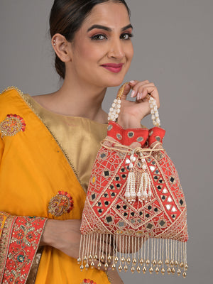 Rajwada Red Beads and Mirror Embroidered Potli Bag for Women