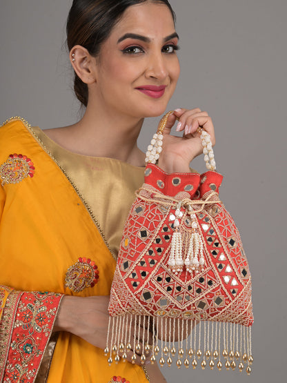Rajwada Red Beads and Mirror Embroidered Potli Bag for Women