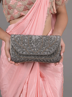 Rajwada Grey Beads Embroidered Clutch for Women