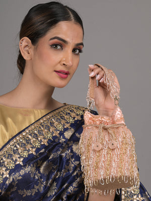 Odette Peach Beads Embroidered Tassels Potli Bag for Women