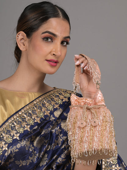 Rajwada Peach Beads Embroidered Tassels Potli Bag for Women