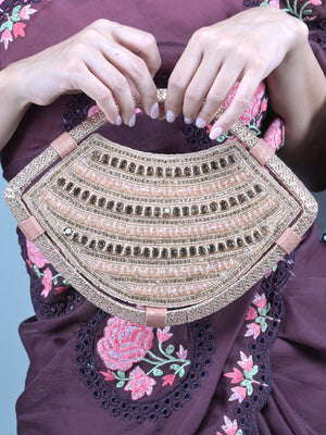 Rajwada Rose Gold Beads and Stone Embroidered Clutch for Women