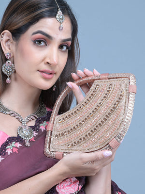 Rajwada Rose Gold Beads and Stone Embroidered Clutch for Women