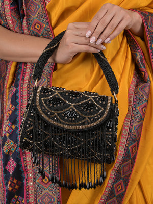 Rajwada Black and Gold Beads Embroidered Clutch for Women