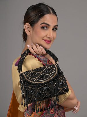 Rajwada Black and Gold Beads Embroidered Clutch for Women