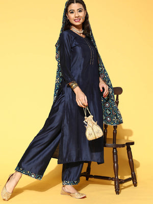 Rajwada Women Dark Blue Solid Straight Stitched Kurta Palazzo Dupatta Set