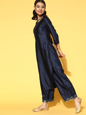Rajwada Women Dark Blue Solid Straight Stitched Kurta Palazzo Dupatta Set