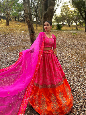 Rajwada Women Pink Silk Blend Semi Stitched Lehenga With Unstitched Blouse