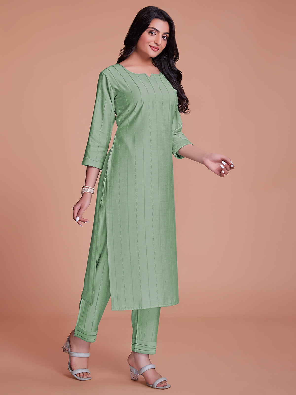 Rajwada - Light Green Woven Stitched Kurta Set
