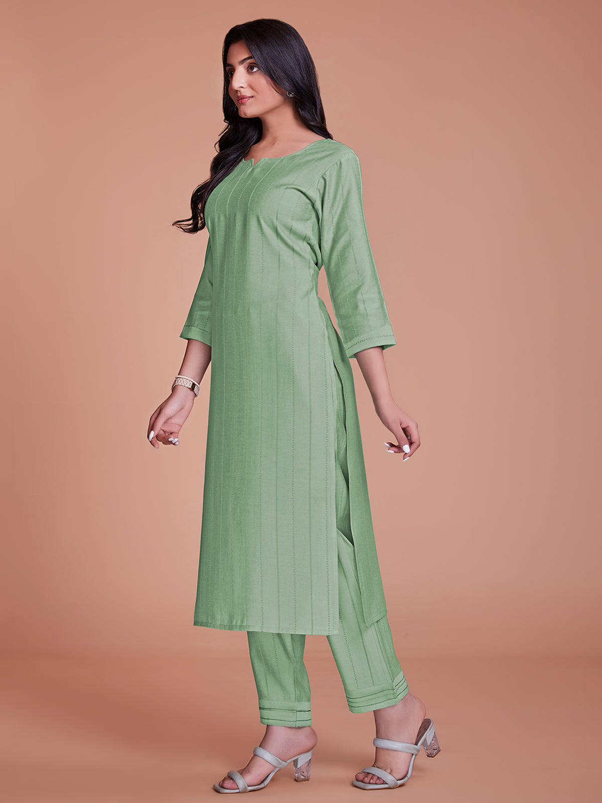 Rajwada - Light Green Woven Stitched Kurta Set