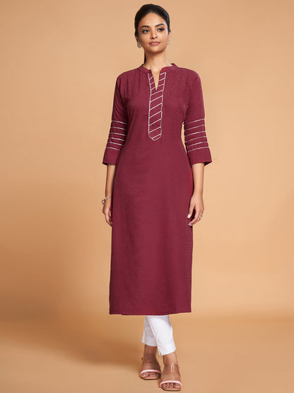 Rajwada Women Maroon Silk Blend Straight Cut Stitched Kurta