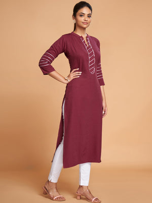 Rajwada Women Maroon Silk Blend Straight Cut Stitched Kurta