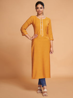 Rajwada Women Mustard Silk Blend Straight Cut Stitched Kurta