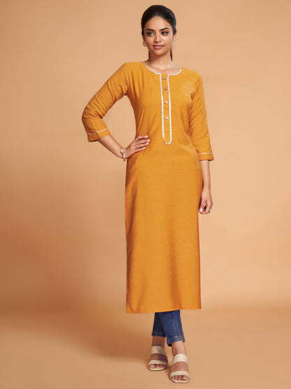 Rajwada Women Mustard Silk Blend Straight Cut Stitched Kurta