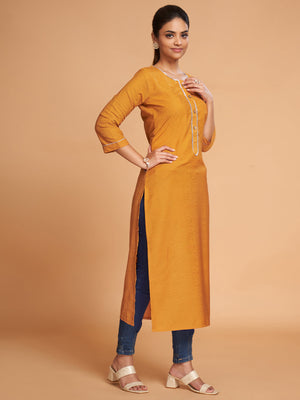 Rajwada Women Mustard Silk Blend Straight Cut Stitched Kurta