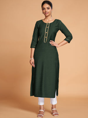 Rajwada Women Dark Green Silk Blend Straight Cut Stitched Kurta