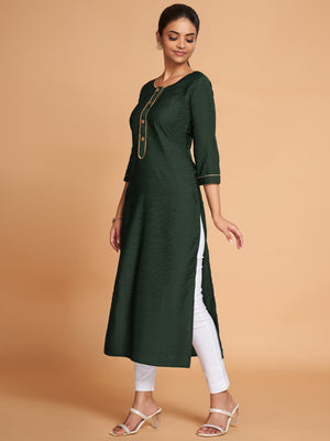 Rajwada Women Dark Green Silk Blend Straight Cut Stitched Kurta