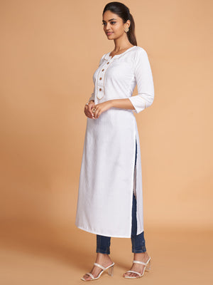 Rajwada Women White Silk Blend Straight Cut Stitched Kurta