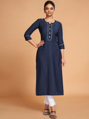 Rajwada Women Navy Blue Silk Blend Straight Cut Stitched Kurta