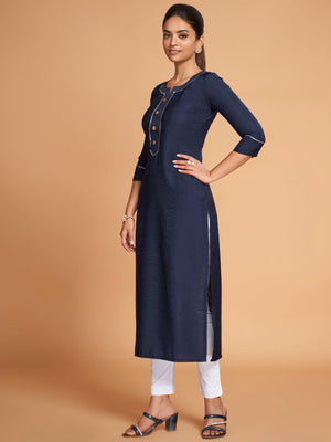 Rajwada Women Navy Blue Silk Blend Straight Cut Stitched Kurta
