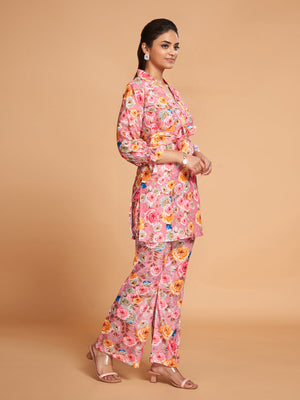 Pink Rayon Printed Stitched Co Ord