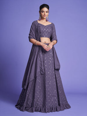 Rajwada Women Dark Grey Georgette Embroidered Semi Stitched Lehenga With Unstitched Blouse