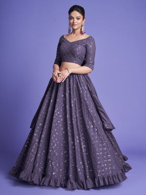 Rajwada Women Dark Grey Georgette Embroidered Semi Stitched Lehenga With Unstitched Blouse