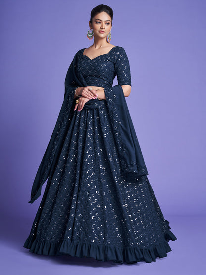 Rajwada Women Teal Georgette Embroidered Semi Stitched Lehenga With Unstitched Blouse