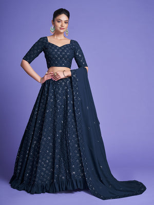 Rajwada Women Teal Georgette Embroidered Semi Stitched Lehenga With Unstitched Blouse