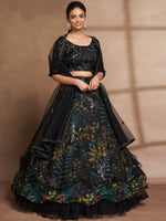 Black Net Print With Sequins Semi Stitched Lehenga Choli