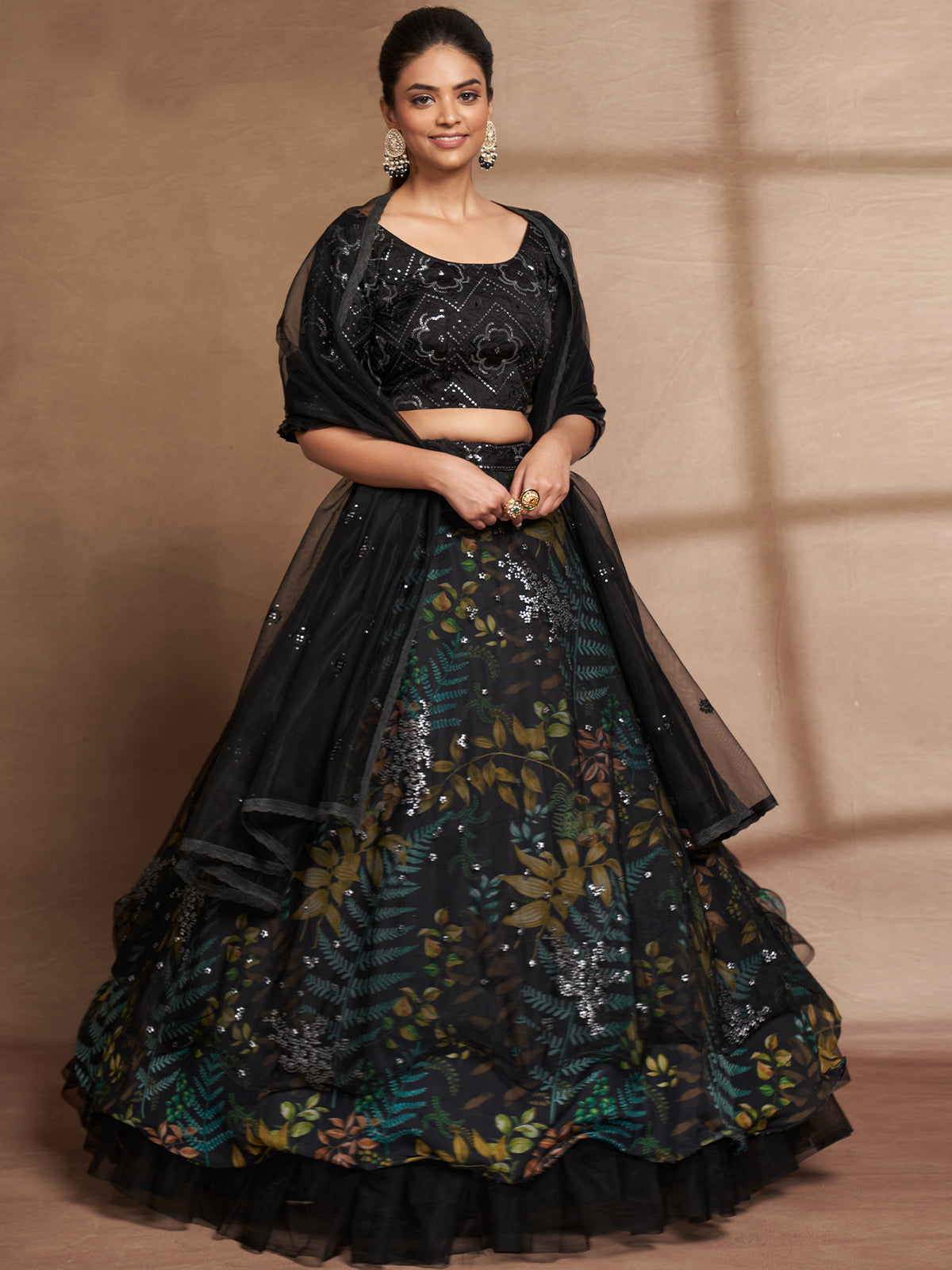 Black Net Print With Sequins Semi Stitched Lehenga Choli