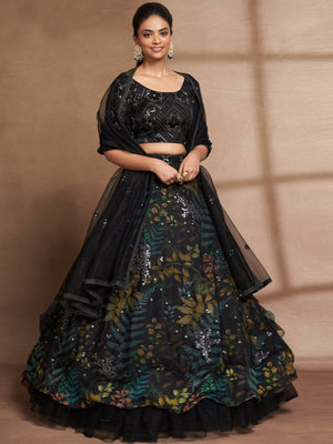 Black Net Print With Sequins Semi Stitched Lehenga Choli