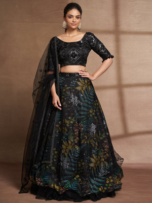 Black Net Print With Sequins Semi Stitched Lehenga Choli