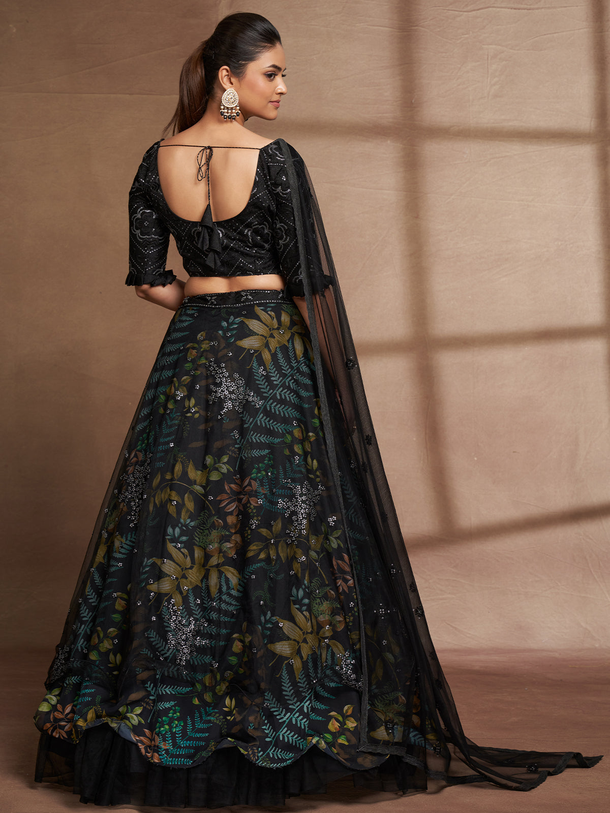 Black Net Print With Sequins Semi Stitched Lehenga Choli