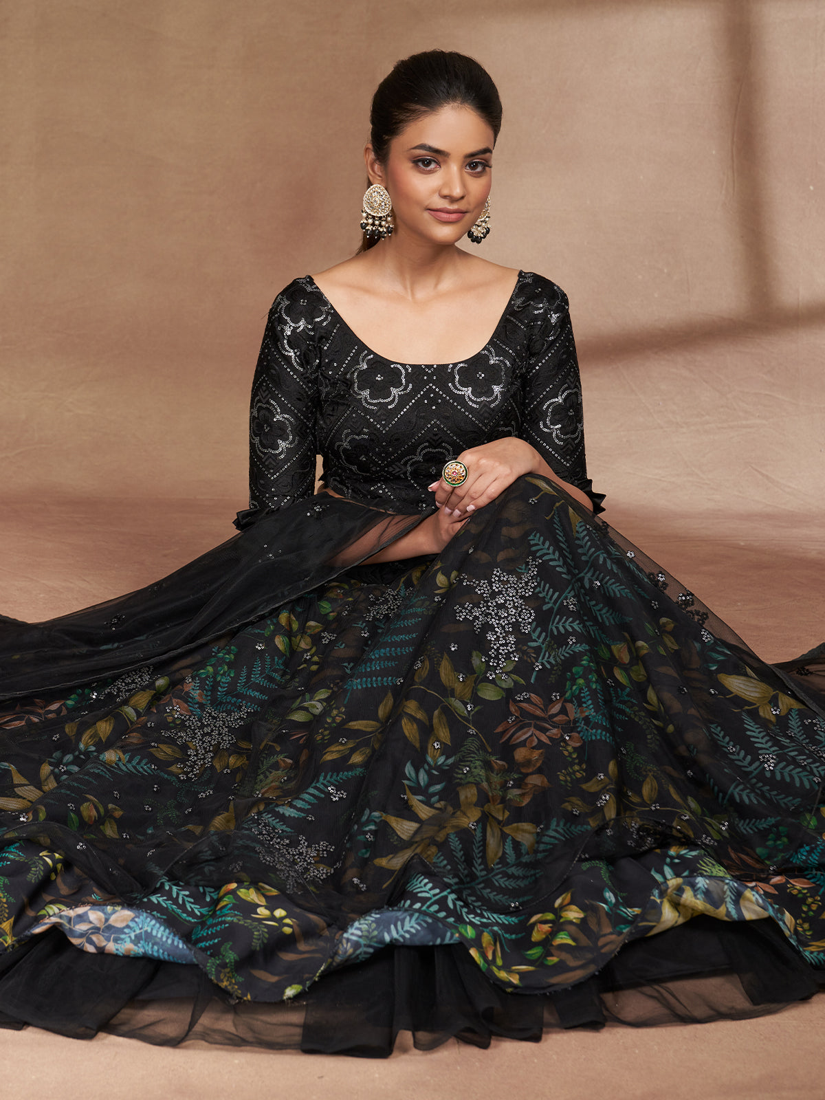 Black Net Print With Sequins Semi Stitched Lehenga Choli