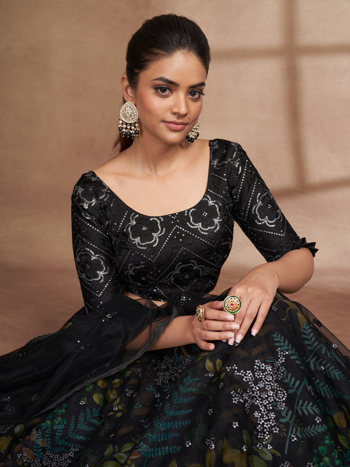 Black Net Print With Sequins Semi Stitched Lehenga Choli