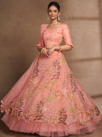 Peach Net Print With Sequins Semi Stitched Lehenga Choli