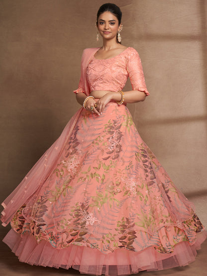 Peach Net Print With Sequins Semi Stitched Lehenga Choli