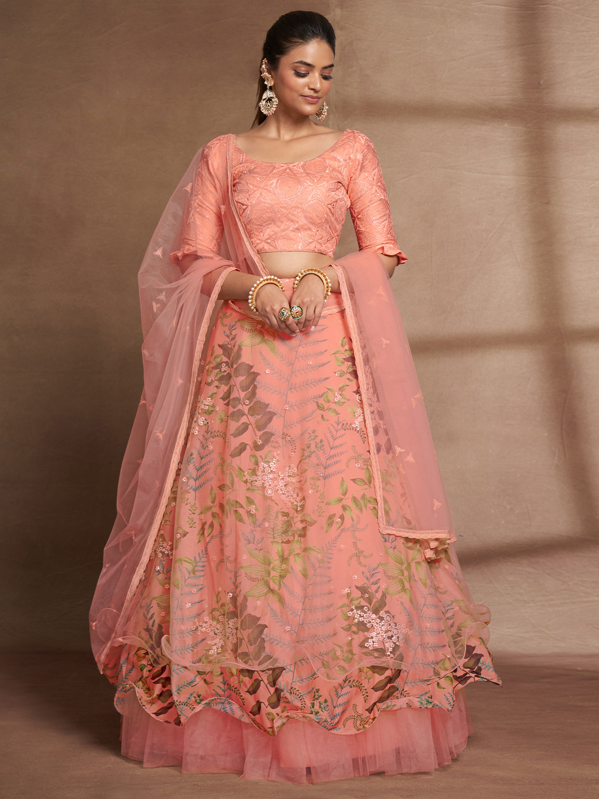 Peach Net Print With Sequins Semi Stitched Lehenga Choli