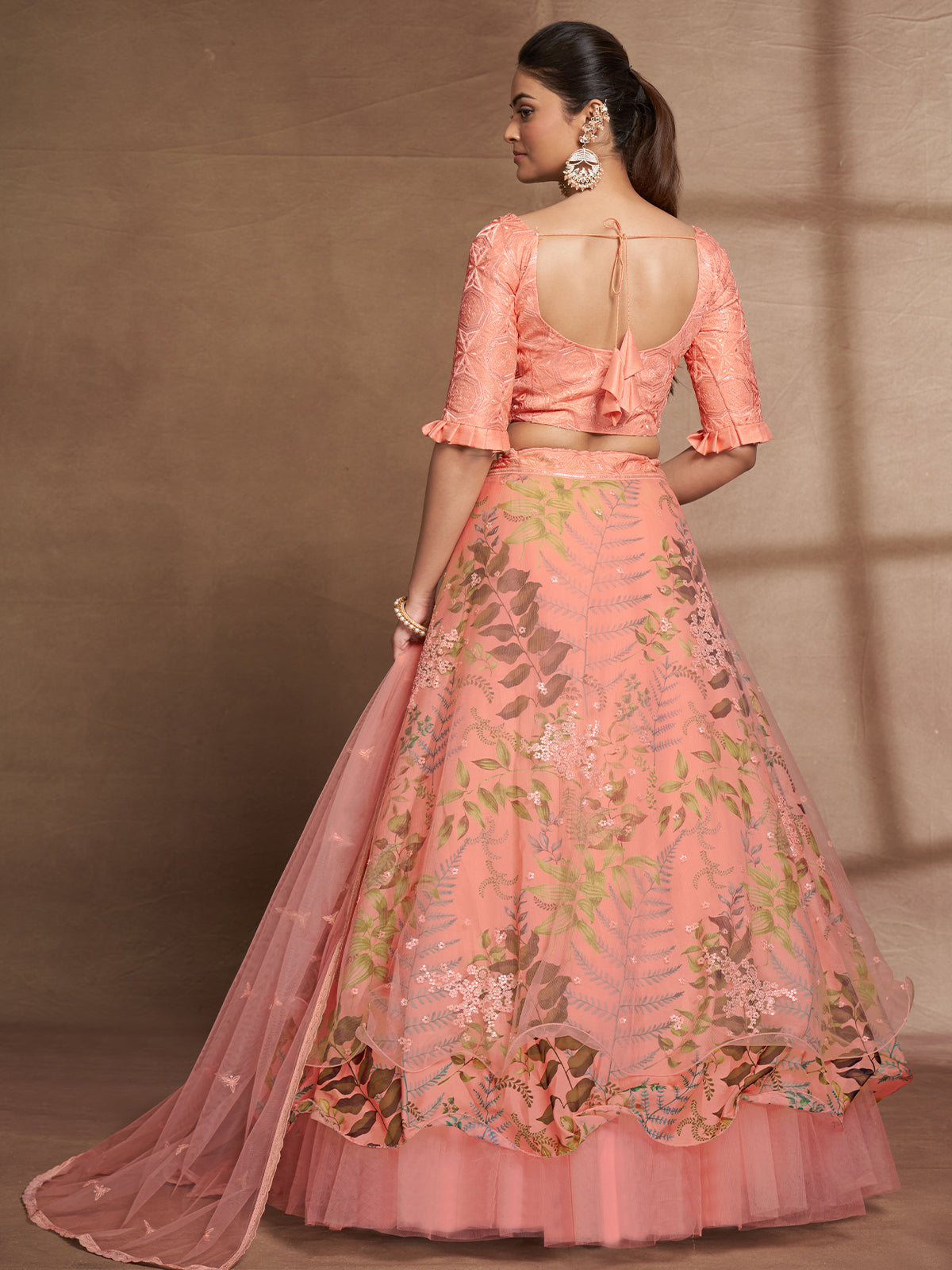 Peach Net Print With Sequins Semi Stitched Lehenga Choli