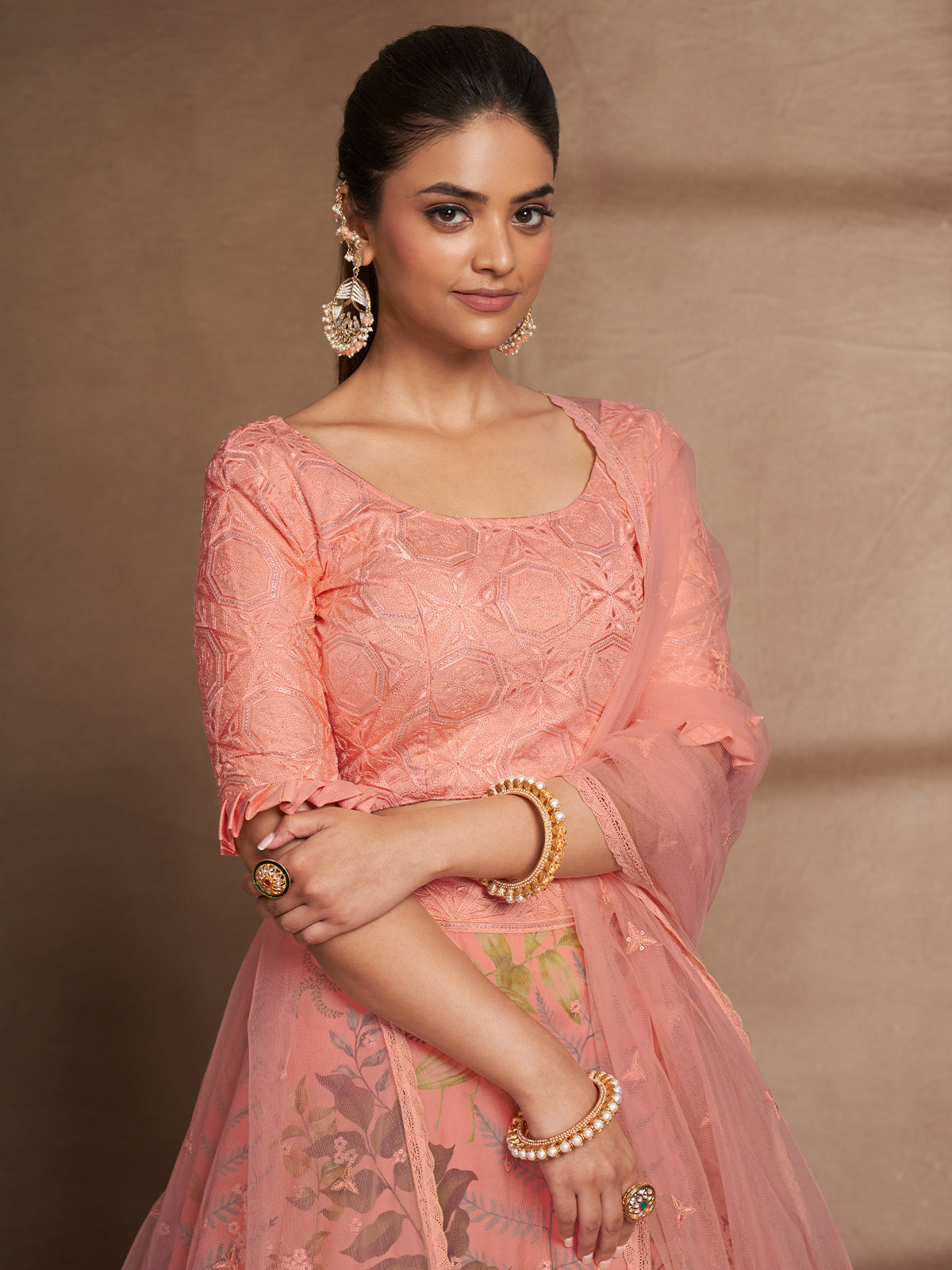 Peach Net Print With Sequins Semi Stitched Lehenga Choli
