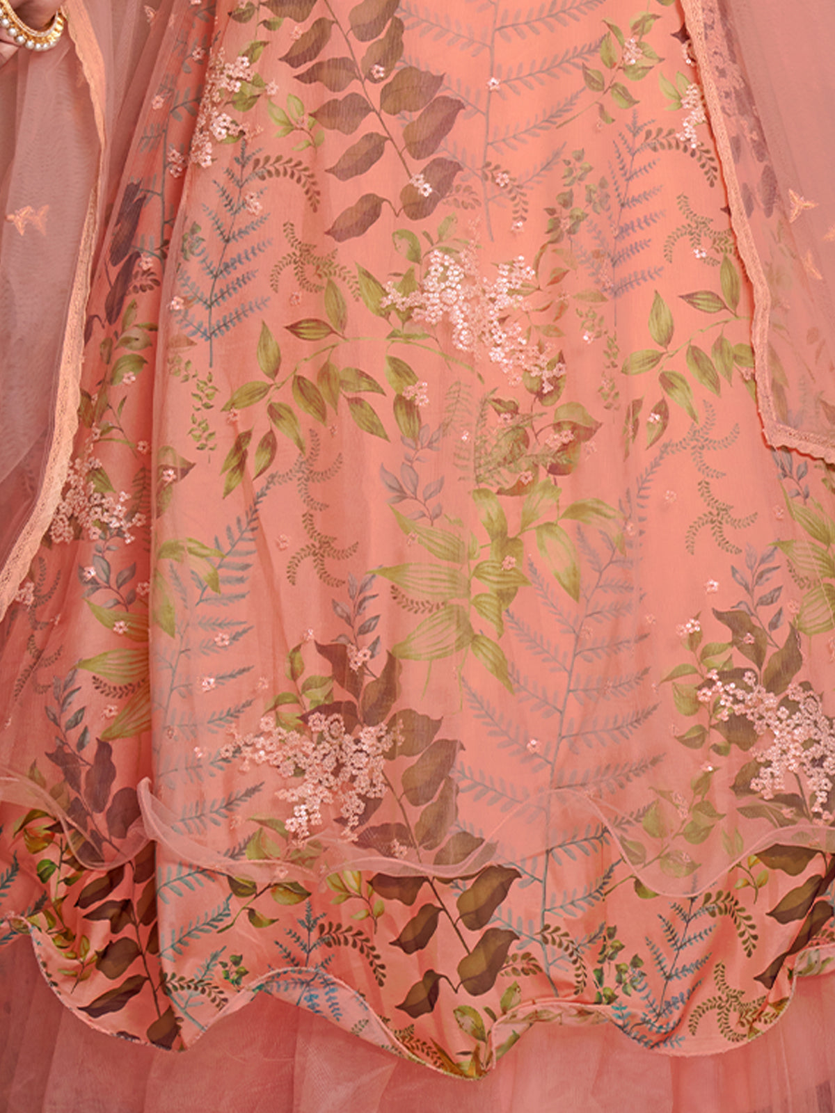 Peach Net Print With Sequins Semi Stitched Lehenga Choli