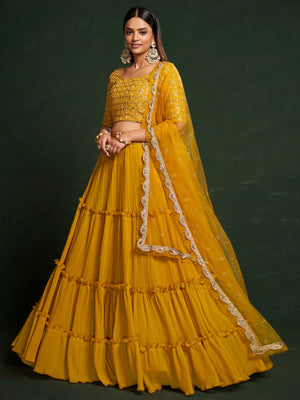 Mustard Faux Georgette Embroidered Semi Stitched Lehenga Choli