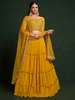 Mustard Faux Georgette Embroidered Semi Stitched Lehenga Choli