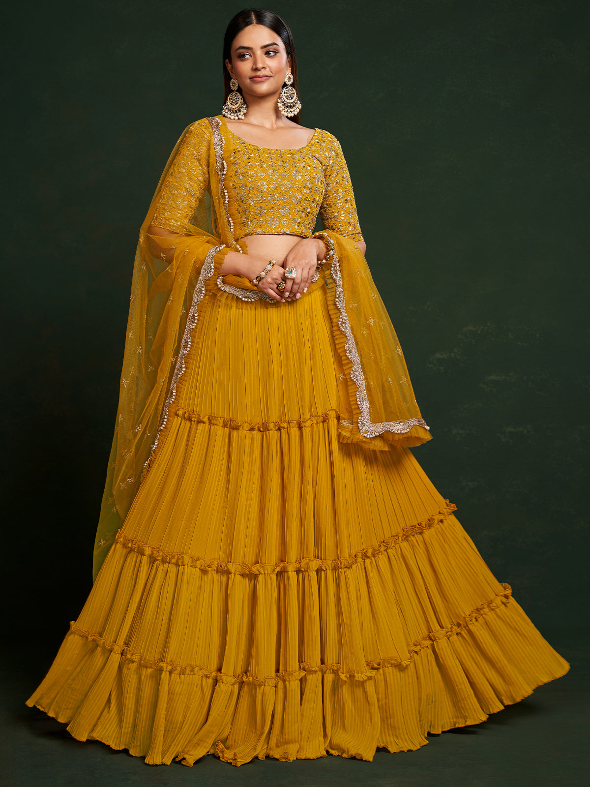 Mustard Faux Georgette Embroidered Semi Stitched Lehenga Choli