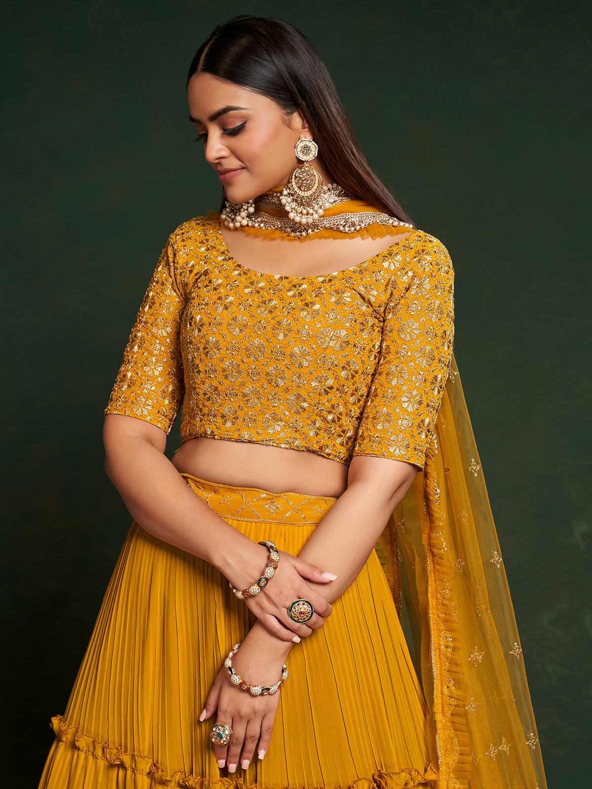 Mustard Faux Georgette Embroidered Semi Stitched Lehenga Choli