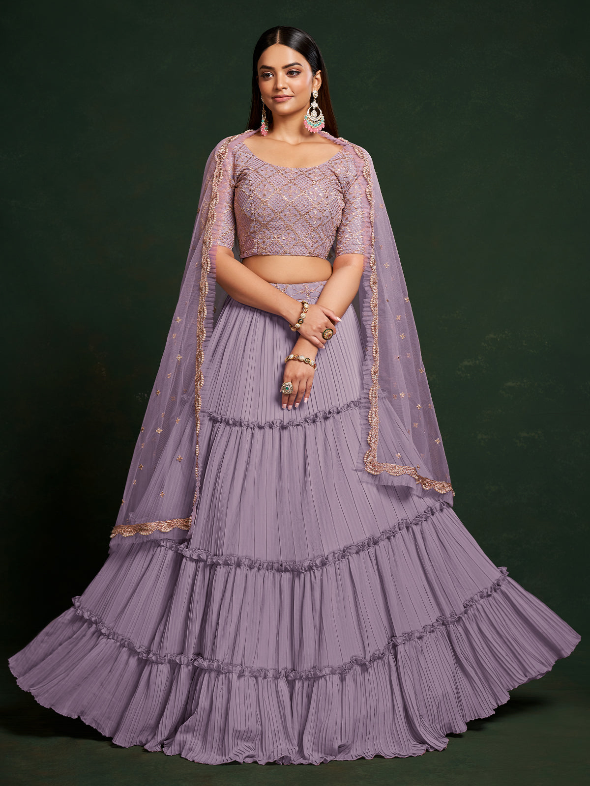 Lavender Faux Georgette Embroidered Semi Stitched Lehenga Choli