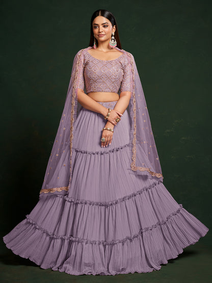 Lavender Faux Georgette Embroidered Semi Stitched Lehenga Choli