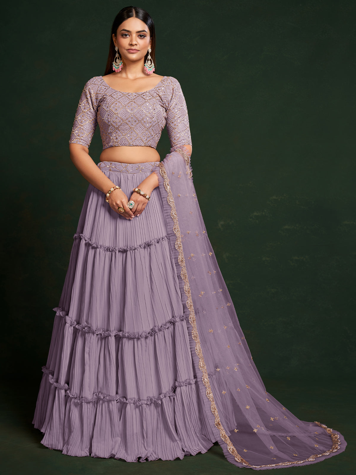 Lavender Faux Georgette Embroidered Semi Stitched Lehenga Choli